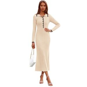 PRETTYGARDEN Women's Long Sleeve Ribbed Dress, Cream/Black, Sz M, NWT